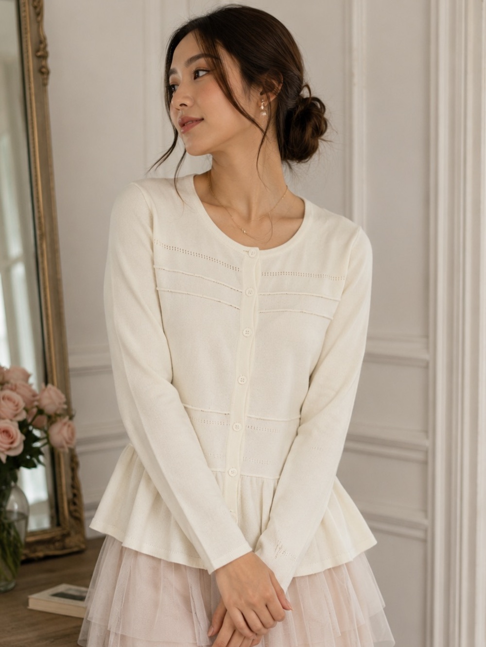 J Jason Wu Cream Peplum Cardigan XXS Button Front Sweater Minimalist Balletcore